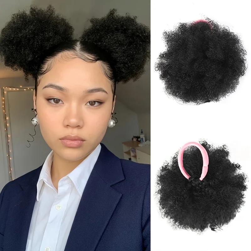 Synthetic Afro Kinky Curly Bun Extension Drawstring Puff Ponytail Short Hairpiece Chignon Hair Bun Updo Women