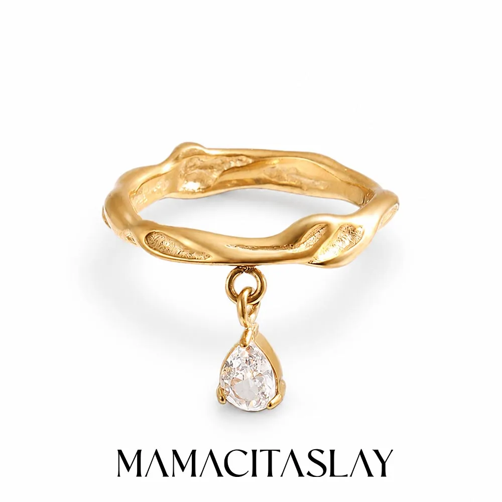 MamacitaSlay 316L Edelstahl Unregelmäßiger Gehämmerter Wassertropfen Zirkon Ring 18K Vergoldet Wasserfester Schmuck für Frauen Geschenk