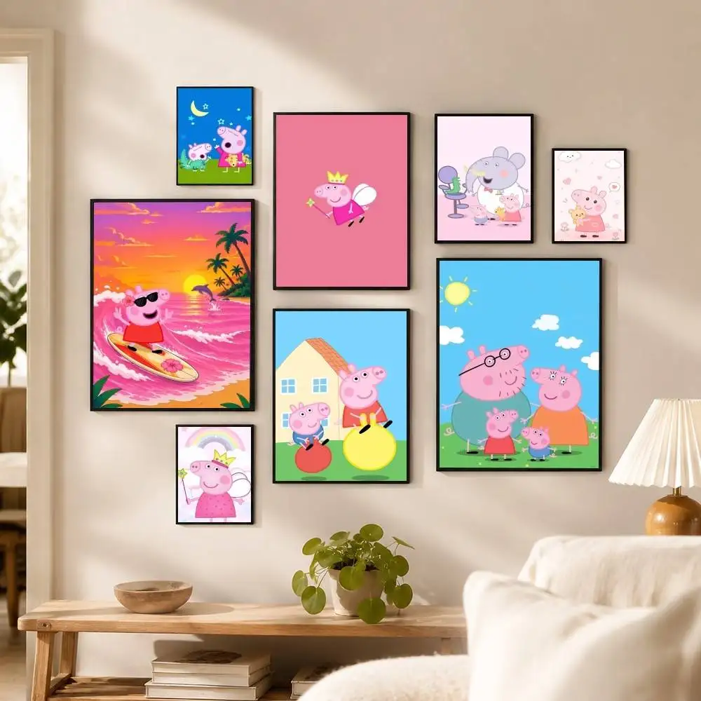 Pink P-P-Peppas-es Pigs Poster Waterproof Wall Art Sticker For Bar Living Room Vintage Decor High Quality Print Gift