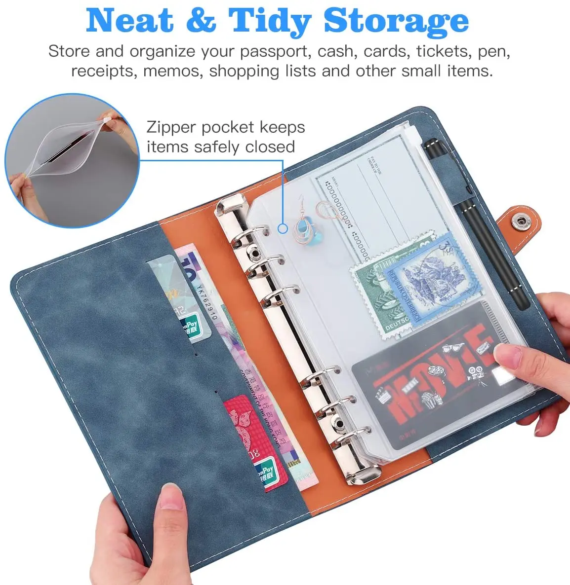 A6 PU Leather Binder Budget Planner Refillable 6 Round Rings Binder Cover Notebook Folder with 12 PCS Clear Plastic Envelopes