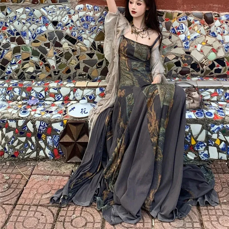 Abito Camis vintage americano da donna Abito estivo chic con stampa quadrata Abito estivo streetwear sottile con cinturino per spaghetti Vestidos De Mujer