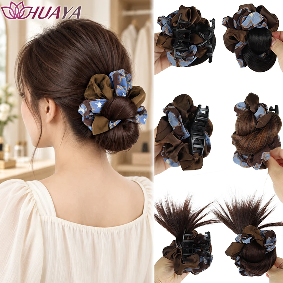 Synthetic Hair Bun Extension Scrunchie Claw Clip Floral Fabric Chignon Updo Hairpiece for Women Daily Party Styling