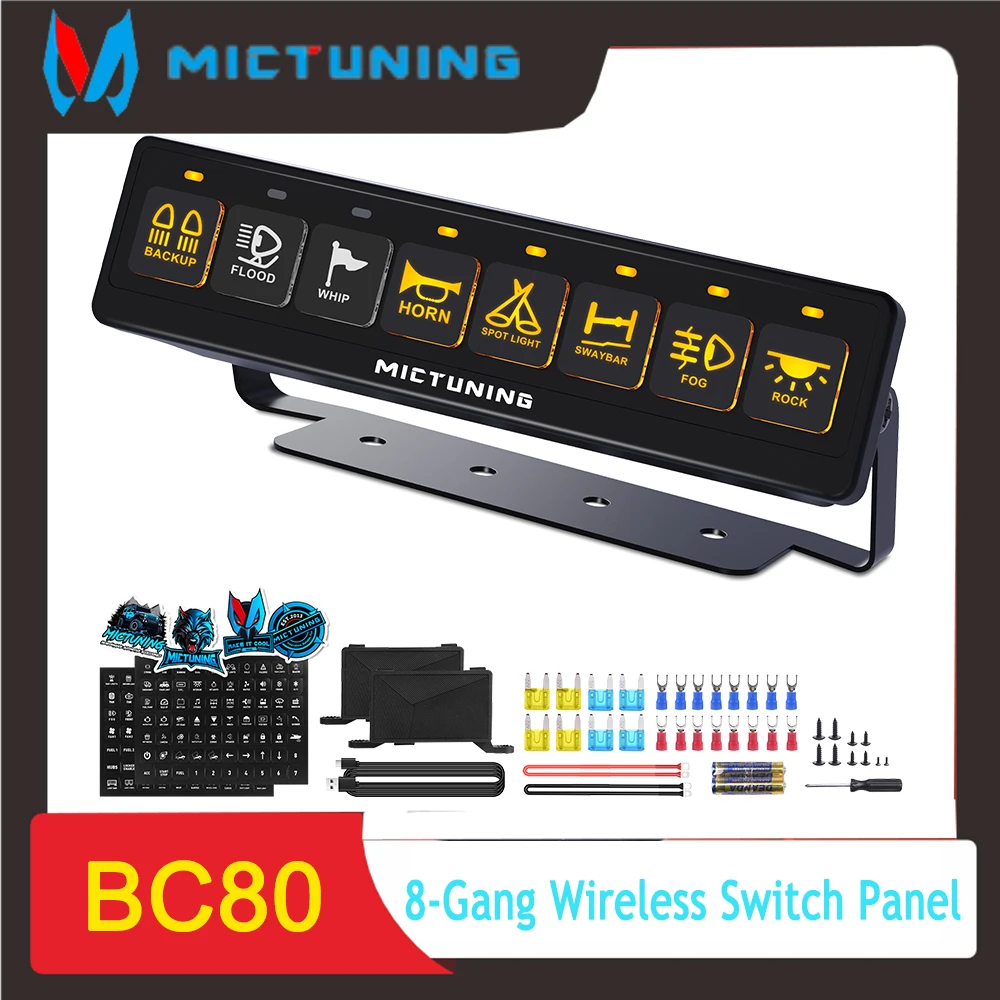 

Панель беспроводных переключателей MICTUNING BC80, 8 клавиш, два концентратора питания, схема вспомогательных реле ВКЛ-ВЫКЛ, 4 режима управления, 12 В 24 В