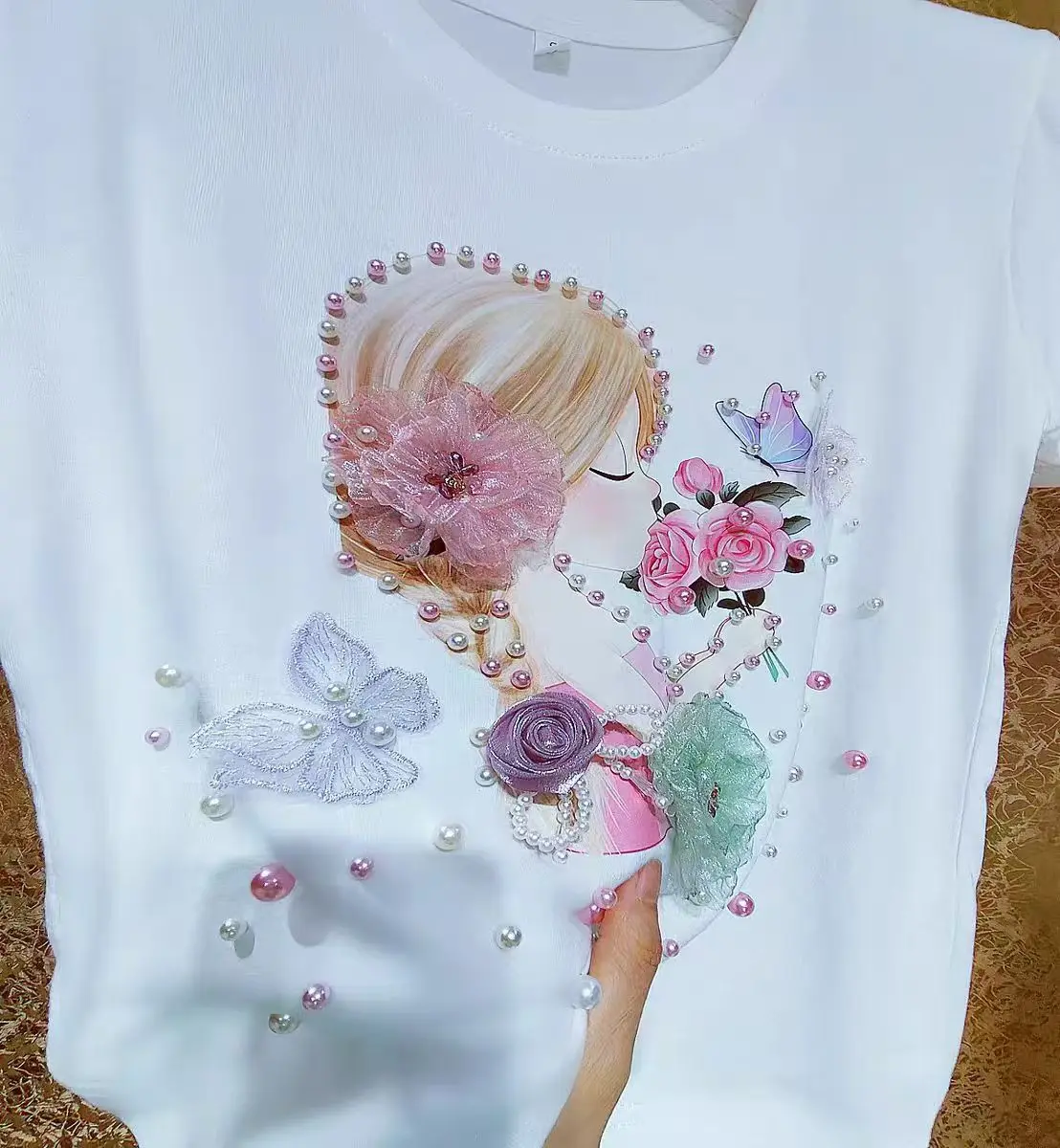 New In Y2K Tshirt  Luxury Beaded Flowers Graphic Cotton T Shirts For Women Embroidery Butterfly Stitch Tops Tees Camisetas