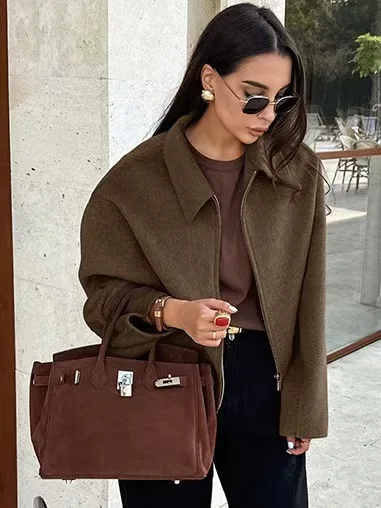 

Casual Faion Loose Zipper Jaet Turn-down Collar Long Sved Outerwear ort Coat Straight Tube Sle Regular Sve Length