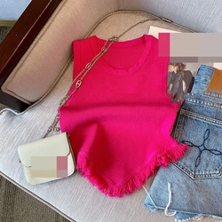 Rose Red Irregular Tassel Sleeveless Top Women's 2023 Summer New Pure Sex  Slim Fit Knitted Tank Top Korea