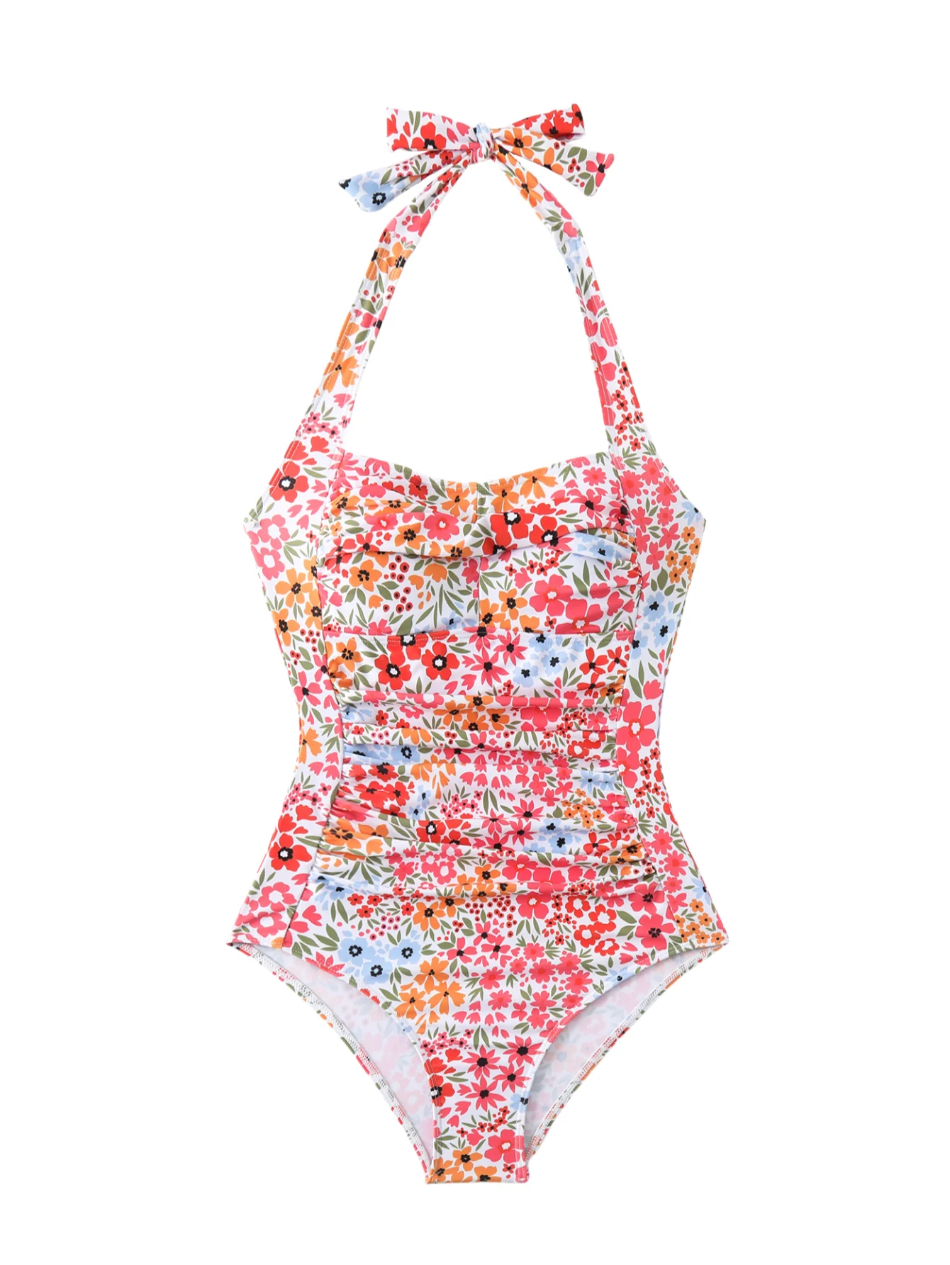 Damen Neckholder-Badeanzüge, einteiliger Badeanzug, plissiertes Design, florale Krawatte, rückenfrei, hohe Taille, sexy Bikini, Strandbadebekleidung, bedruckt