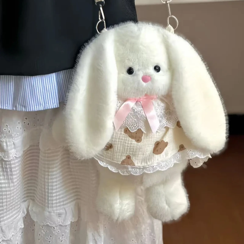 Women ins cartoon long ear rabbit plush backpack girl cute fur shoulder bag
