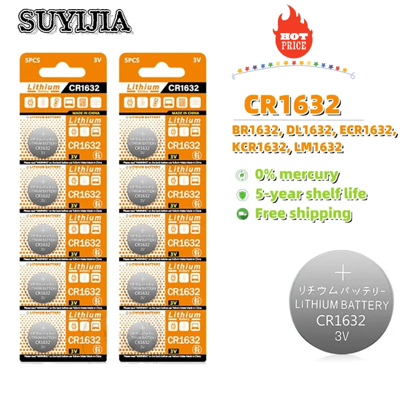 Up To Date 3V 125mAh CR1632 Coin Cells Batteries CR1632 DL1632 BR1632 LM1632 ECR1632 Lithium Button Battery for Watch Remote Key