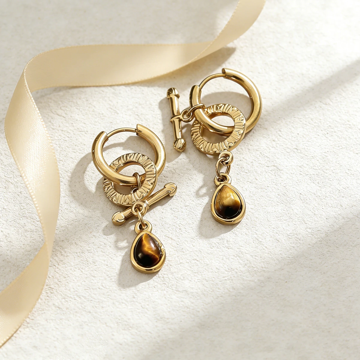 AURORA Retro Tropfenförmige Tigerauge Naturstein-Charm-Creolen für Damen, Täglicher Edelstahl-Schmuck, Accessoires – Detail 2