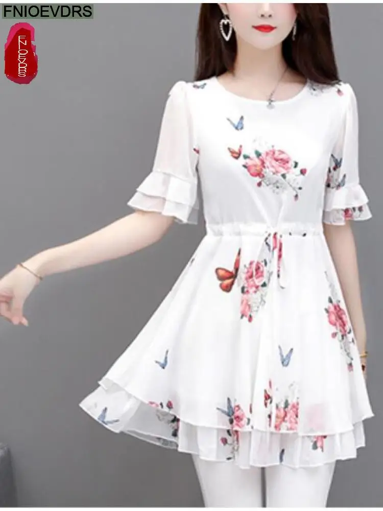 2022 Women Retro Elegant Office Lady Vintage Loose Floral Ruffles Peplum Tops Belly Drawstring Long Tunic Basic Shirts Blouses