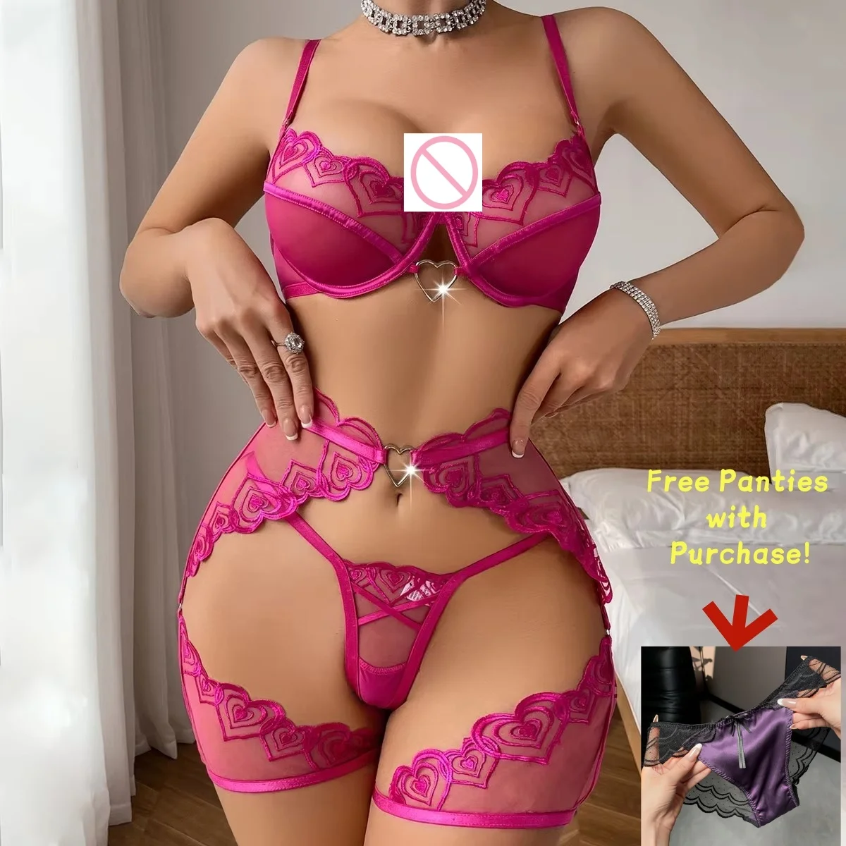 

Комплект из 3 бюстгальтеров с вышивкой «Любовь святого Валентина» | Прозрачное нижнее белье с розово-красным металлическим сердцем