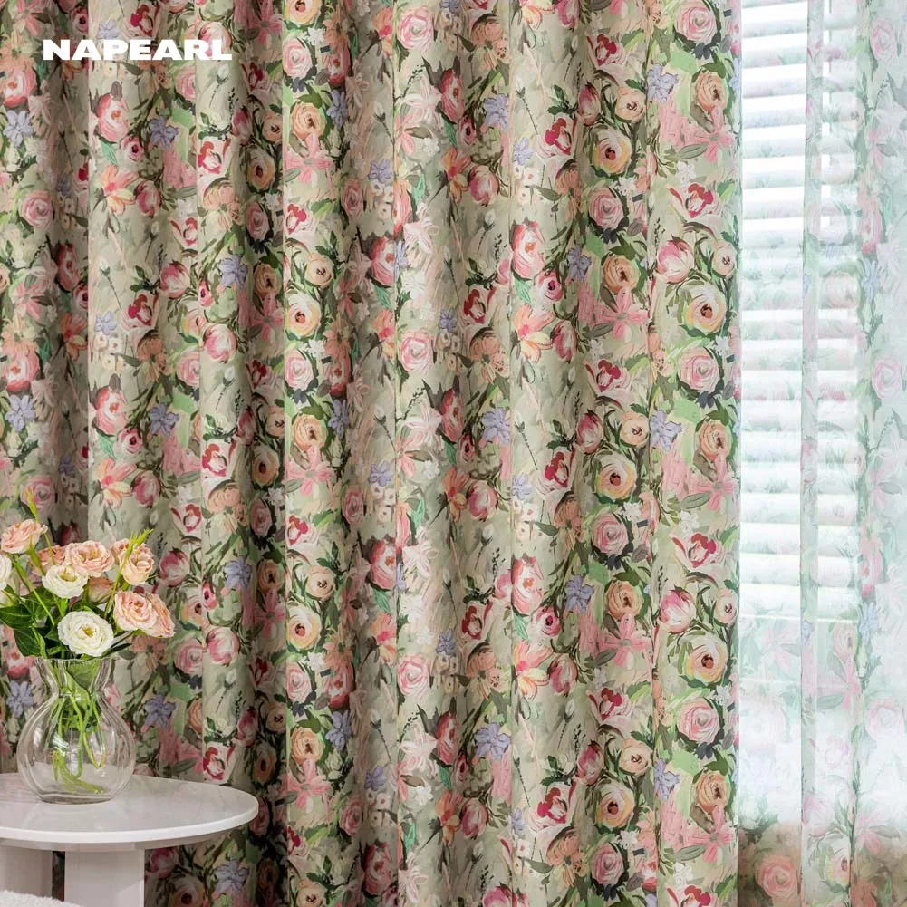 French Retro Curtains for Living Room Bedroom 100% Blackout Floral Prints Balcony Window Drapes Rustic Home Decor 1PC