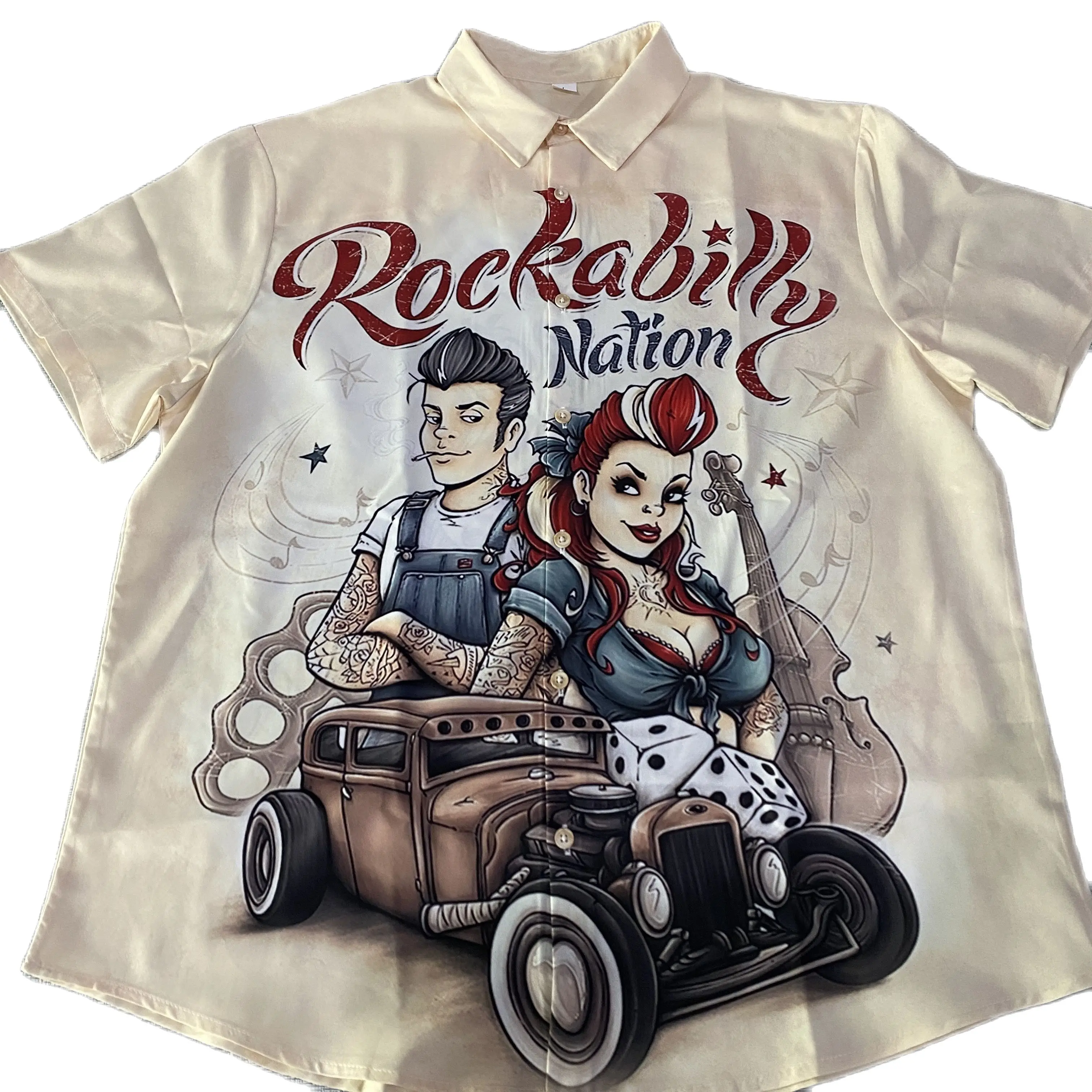 Shirts For Men 3d Vintage Fashion Violin Rocker Printed Rockabilly Hawaiian Shirt Short Sleeve Top Homme Harajuku Ropa Hombre