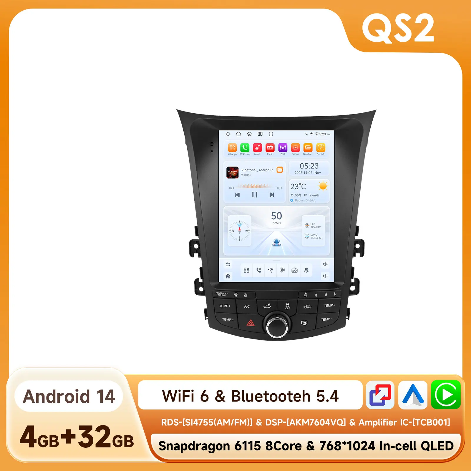 9.7'' autoradio multimediaspeler stereo GPS DSP Android 15 Carplay Auto QLED AI voor Hyundai I30 Elantra GT 2011 - 2017 Qualcomm
