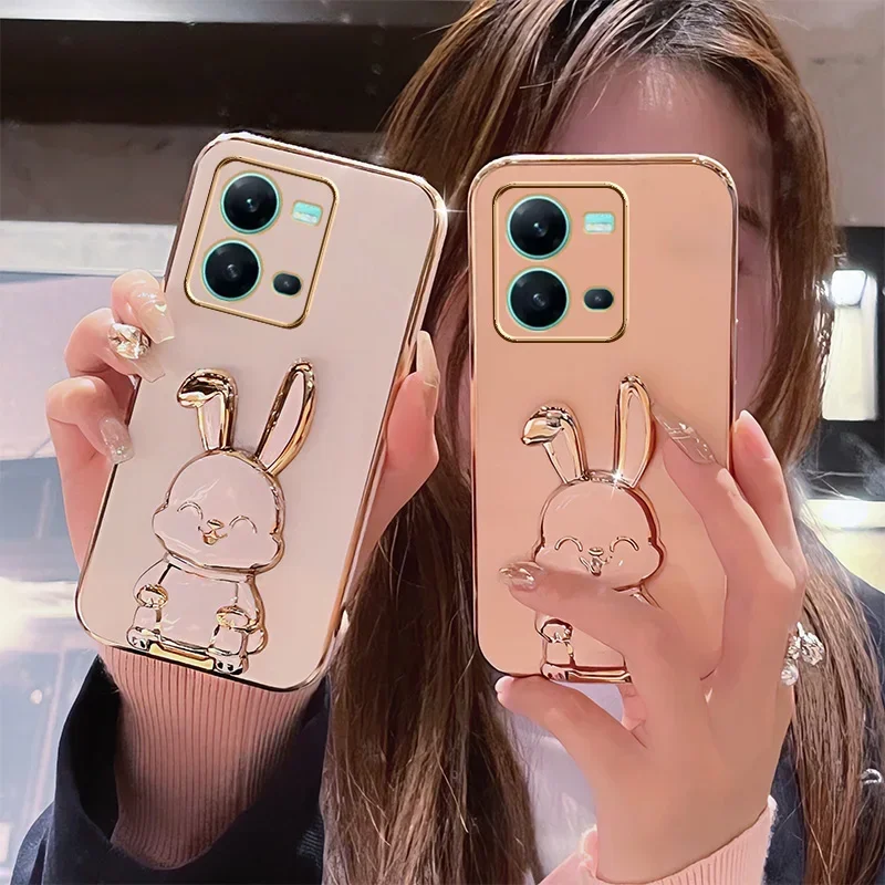 Rabbit Astronaut Phone Case For Vivo V21 5G V20 V21E V23 V23E V25 For Vivo Y76 Y77 Y52 Y55 Y73 Y72 Y76S Telescopic Bracket Cover