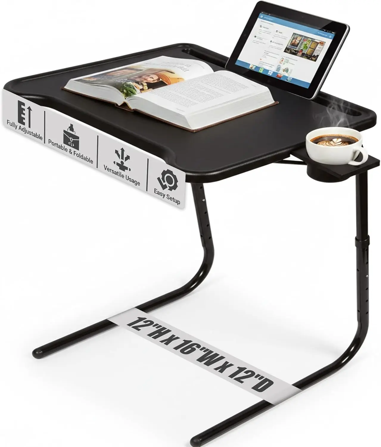 

Adjustable Folding TV Tray Table with Cup and Device Holder, 6 Heights & 3 Angles, Black