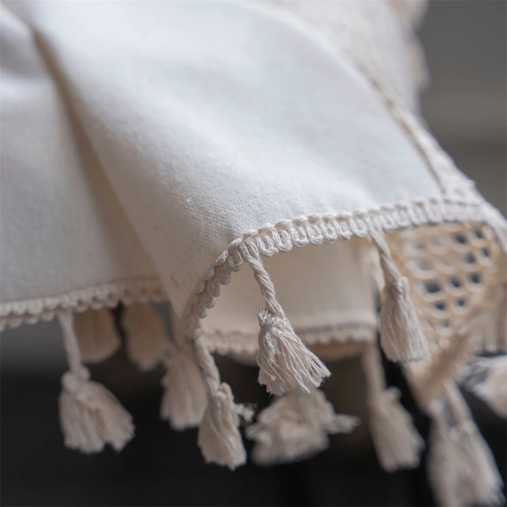 Cortinas semi-opacas de linho Clochef-Boho, bolso de haste, creme de fazenda, serapilheira de algodão artesanal, renda costurada, cortina de borla