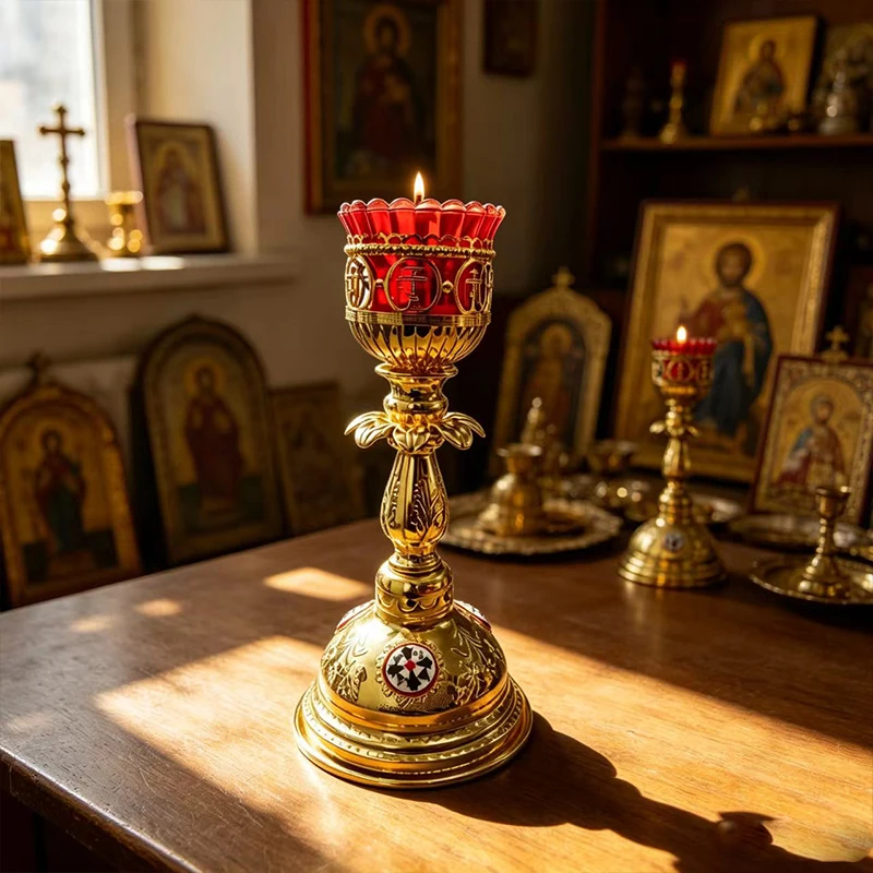 Orthodoxe Vigil-Lampe mit Rotem Glas und Goldmetallständer, 11,6 Zoll, Verzierter Kerzenhalter für Heimaltar, Christliche Dekoration, Geschenk – Detail 2