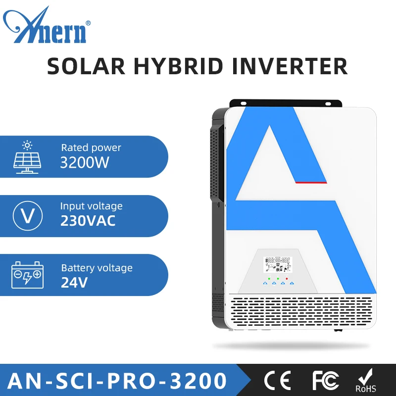 Anern 3000W 1600W Hybrid Solar Inverter 12V 24V 220V Off Grid Pure Sine Wave Inverter 1.6KW 3KW with MPPT 80A Solar Charger