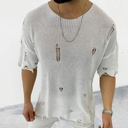 Vintage Knitting T Shirts Men Summer Short Sleeve O Neck Fashion Ripped Tee Streetwear Mens Leisure Solid Color Knit Jumper Tops