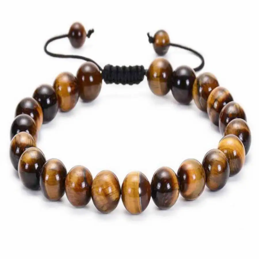 Boho Tiger's Eye Bead Bracelet with Black Onyx Accent Adjustable Black String Men's Women's Jewelry