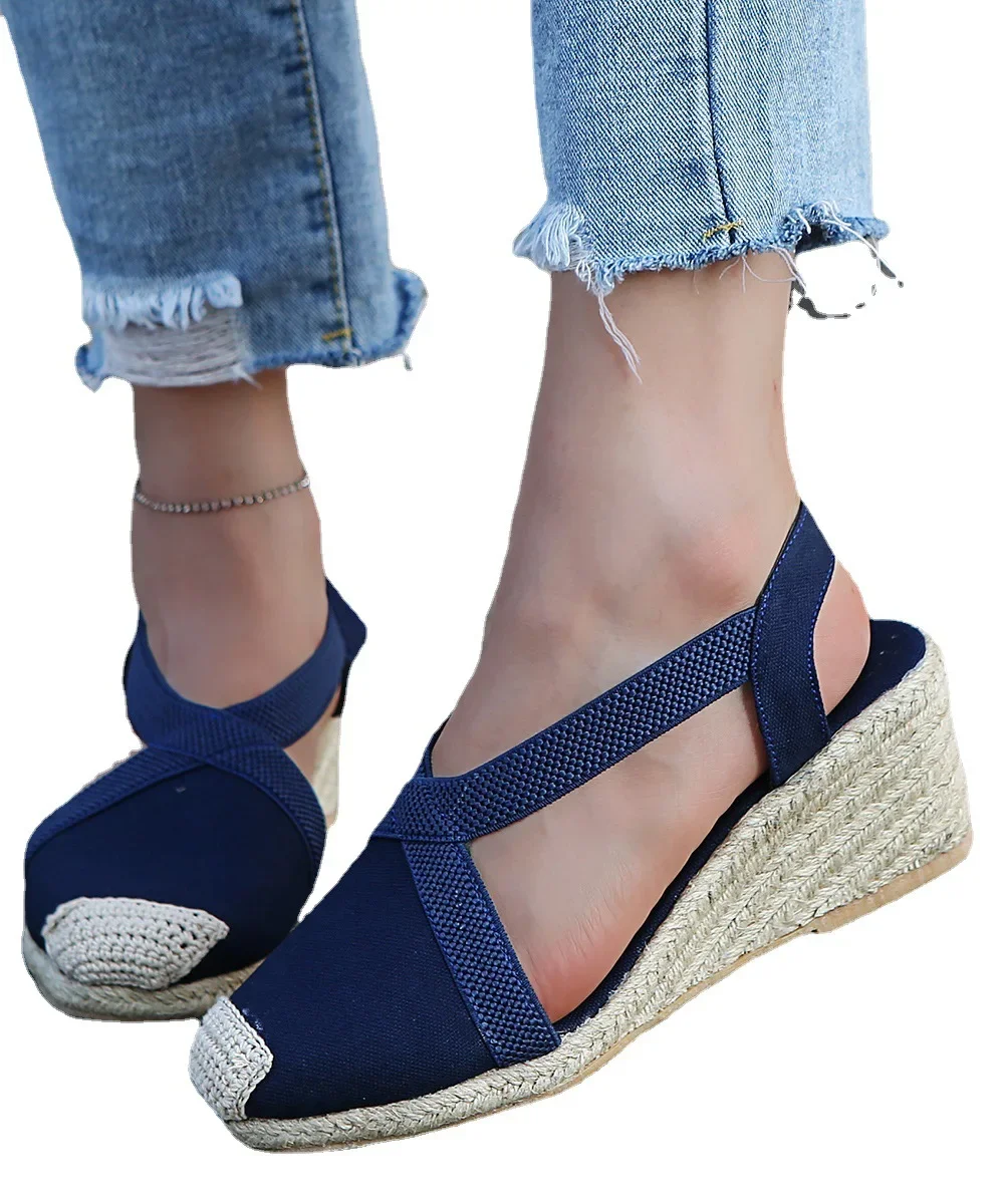 2024 New Summer Leisure Retro Baotou Straw Wedged Sandals Cross with Thick Sole High Heel Muffin Fisherman Shoes Women\'s Shoes