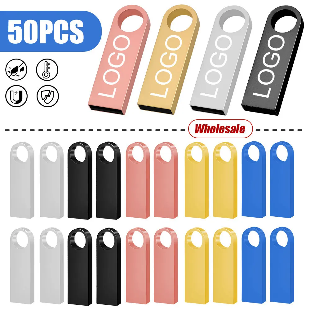 50Pcs Free Custom Logo USB Flash Drive 128GB 64GB 32GB Wholesale Pen Drive Pendrive 4GB 8GB Metal Large Capacity Memory Stick