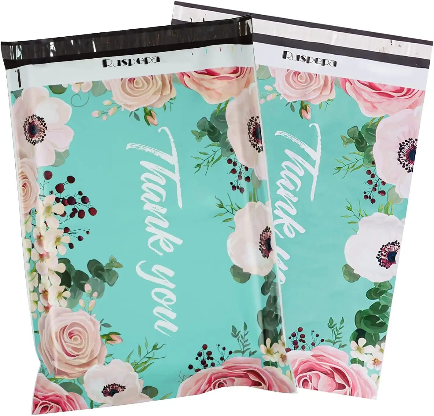 

14.5x19 Inch Poly Mailers with Thank You Notes, Teal Floral Design, 3 Mil Heavy Duty, Self-Seal, 50 Pack