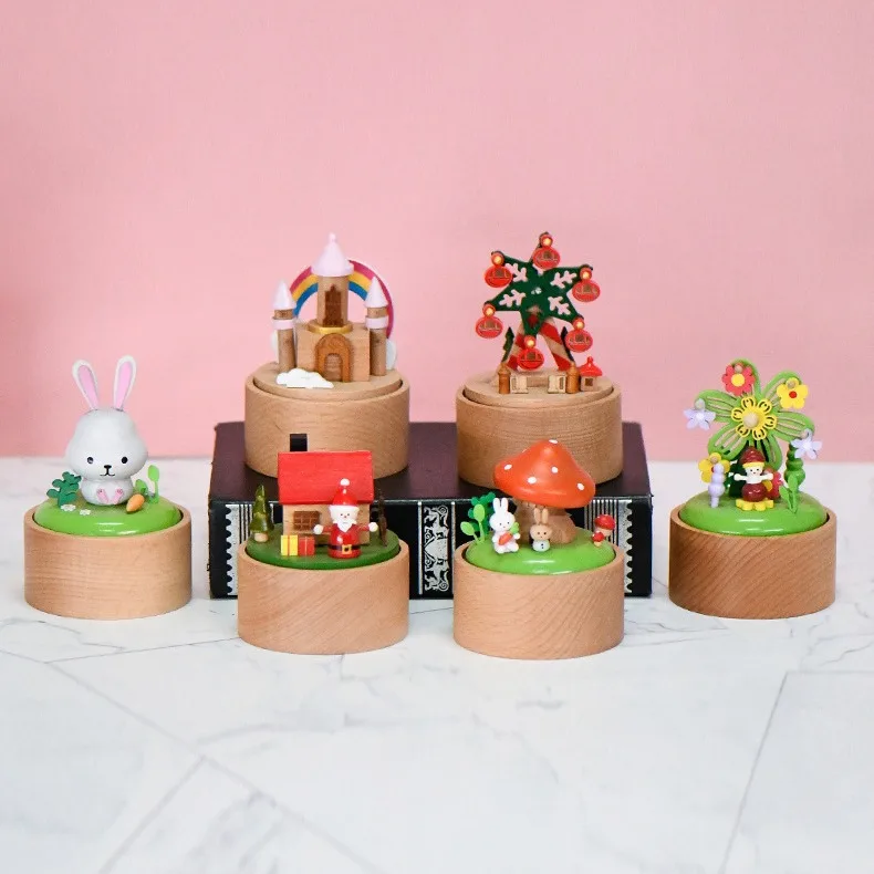 24 Kinds of Mini 8cm Diameter Wind-up Music Box Cartoon Animals Children's Holiday Gifts. Beech Wood Crafts Wooden Music Box