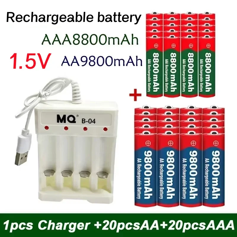 New 1.5V Rechargeable Battery, AAA 8800Mah+AA 9800 Mah, Plus Charger Set Alkaline Technology, Suitable for Remote Control,shaver