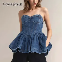 TWOTWINSTYLE Sexy Patchwork Ruffles Denim Tank Tops For Women Strapless Sleeveless Tunic Spliced Zipper Slimming Vests Female