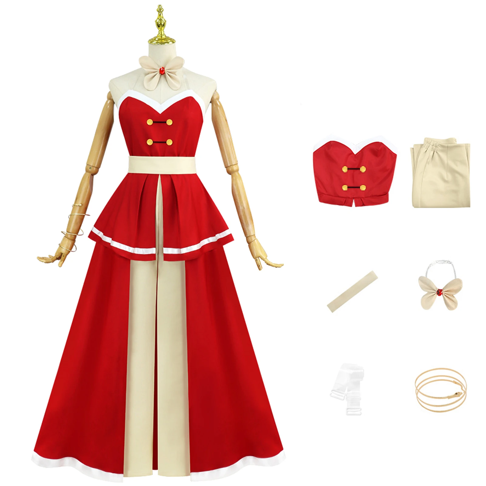 

Charlie Morningstar Cosplay Costume Red Strapless Tiered Dress Outfit With Belt Bow Tie for Halloween Party