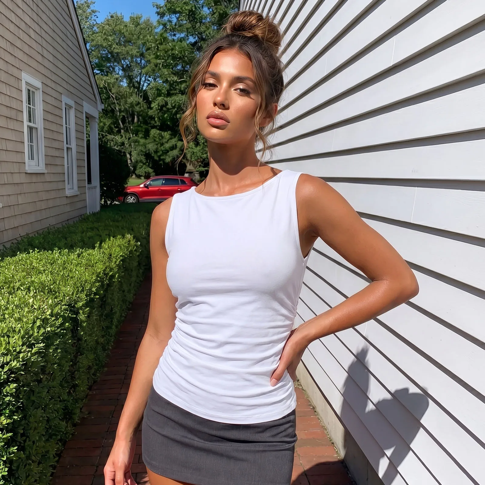 Women's Boat Neck Sleeveless Casual Daily Wear Vest Tops Cotton Blend Slim Fit Summer Tank Tops with Gathered Waist