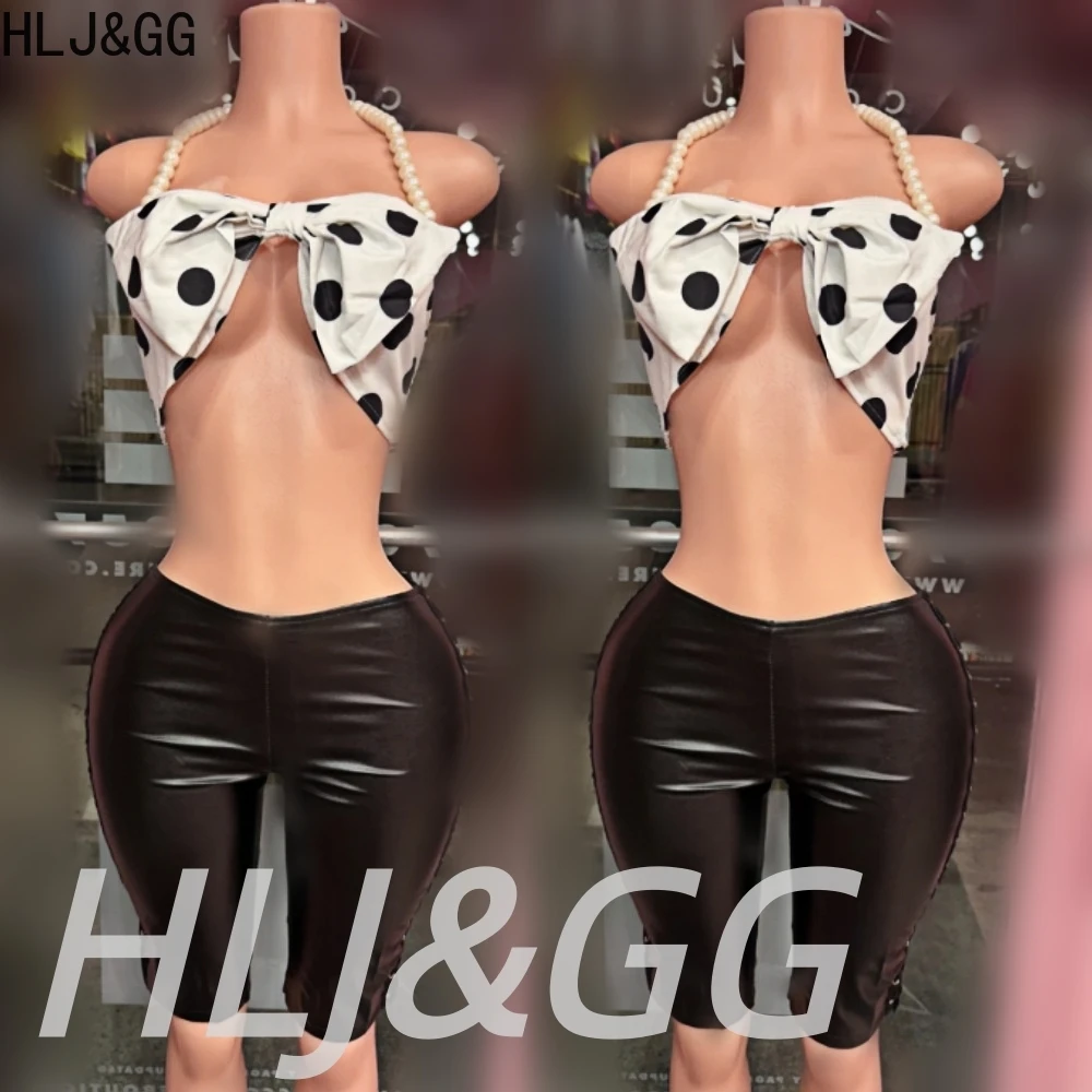 

HLJ&GG Y2K Сексуальный комплект из двух предметов с узором в горошек: топ-халтер с V-образным вырезом и открытой спиной, а также кожаные шорты-бандаж для женщин. Уличный стиль.
