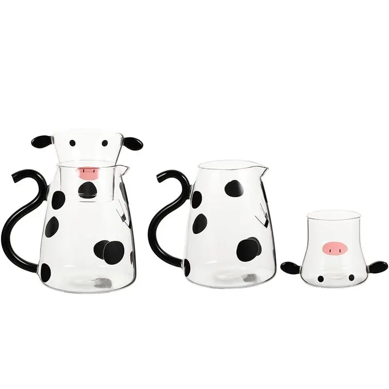 A93E-Flowering Teapot Milk Glass Cold Water Kettle With Handle Cartoon Cow Iced Beverage Bottle Lovely Cold Cup Kitchen Tools
