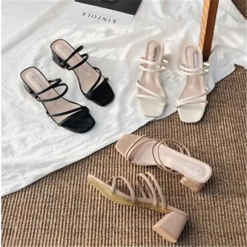 Women Sandals Ladies Square Heels Elegant Summer Slippers Outside Cross Tied Leather Female Slides 2024 Fashion Woman Sandals