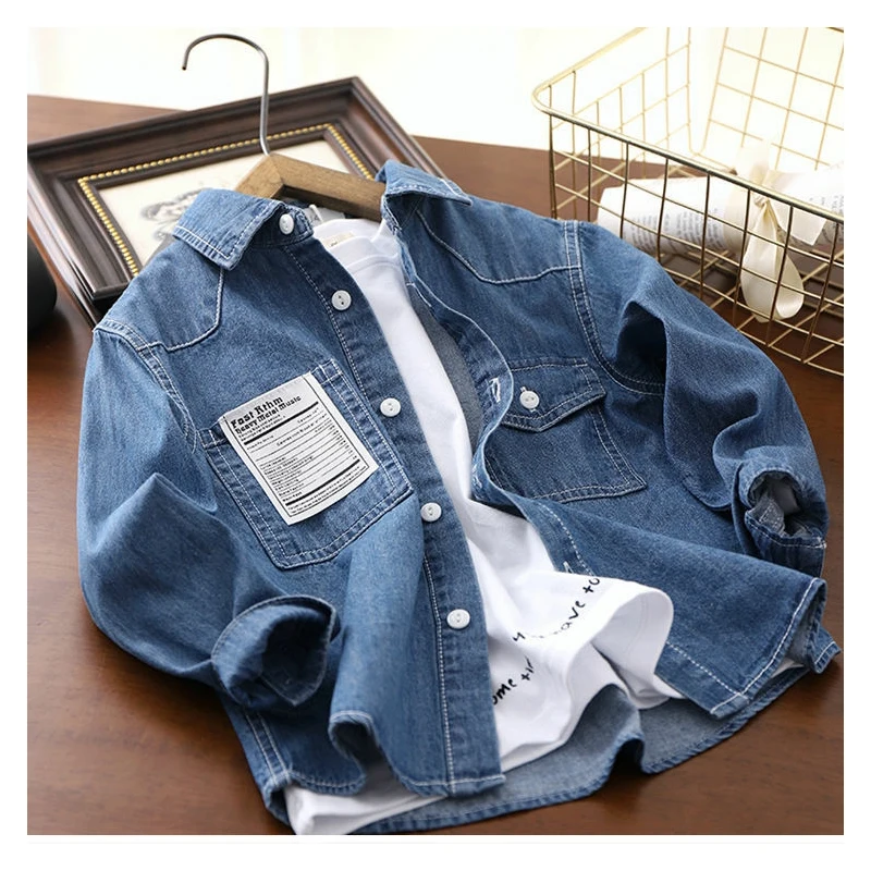 Fashion Boys Denim Shirt Long Sleeve Turn Down Collar Blue Shirt Children Boys Loose Casual Cardigan Tops Boys Clothes