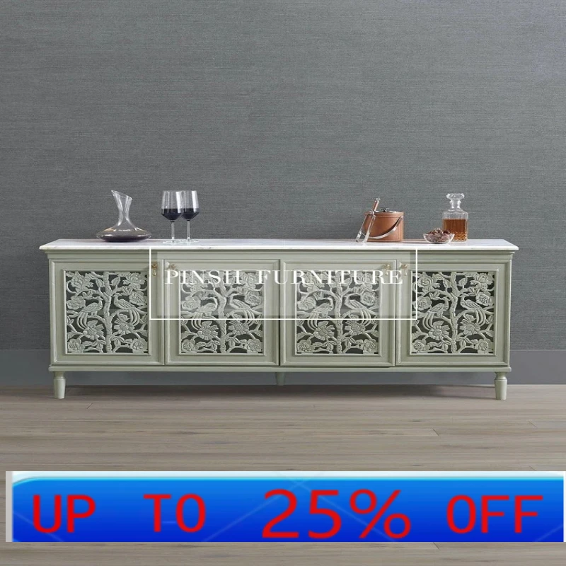 

LH New Classical Solid Wood Hollow Carved Sideboard Vintage Wine Cabinet Living Room Hallway Decoration