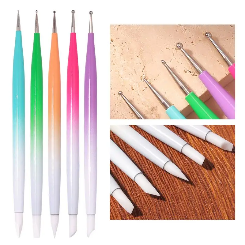 Nail Brush Pen Set Silicone Head Double Sided 5pcs Carving Tool Professional Gel Polish Drawing DIY Nail Design Kit