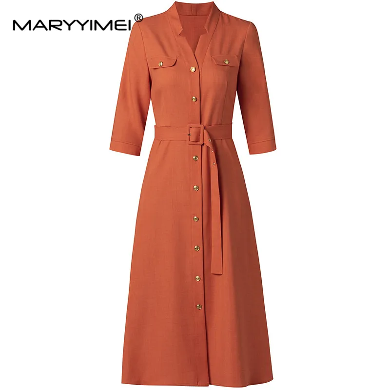 

MARYYIMEI New Fashion Runway Designer Women's V-Neck Shirt Belt Seven-Point Sleeve Single-Breasted Closed Waist Dress