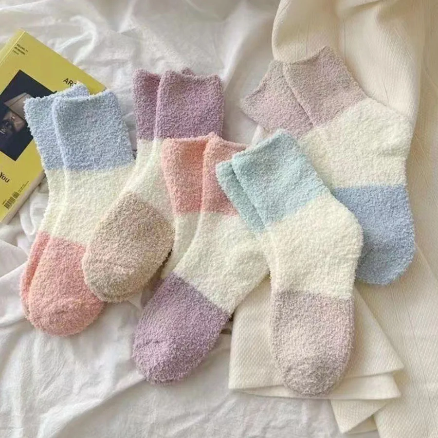 

1 Pairs Macaron Colored Women Short Socks Thick Winter Home Women's Socks Casual Coral Fleece Socks