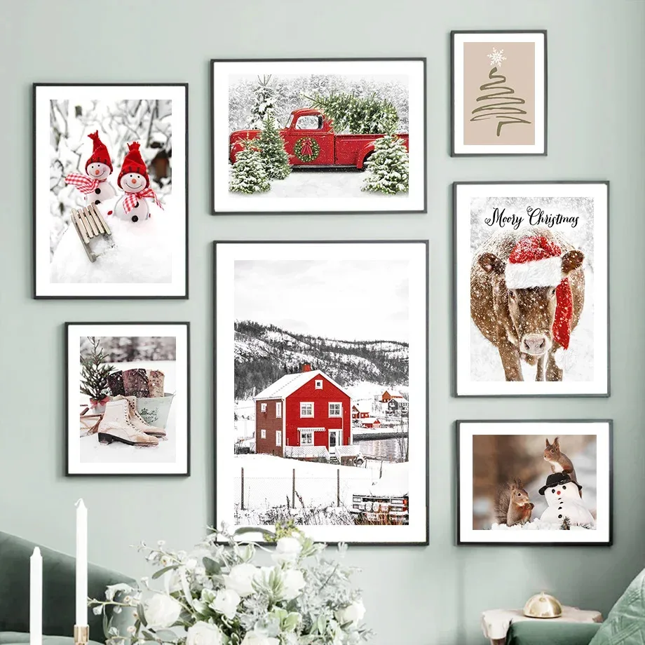 Pine Squirrel Bull Snowman Red Ball House Christmas Posters Prints Canvas Painting Wall Art Pictures For Living Room Home Decor