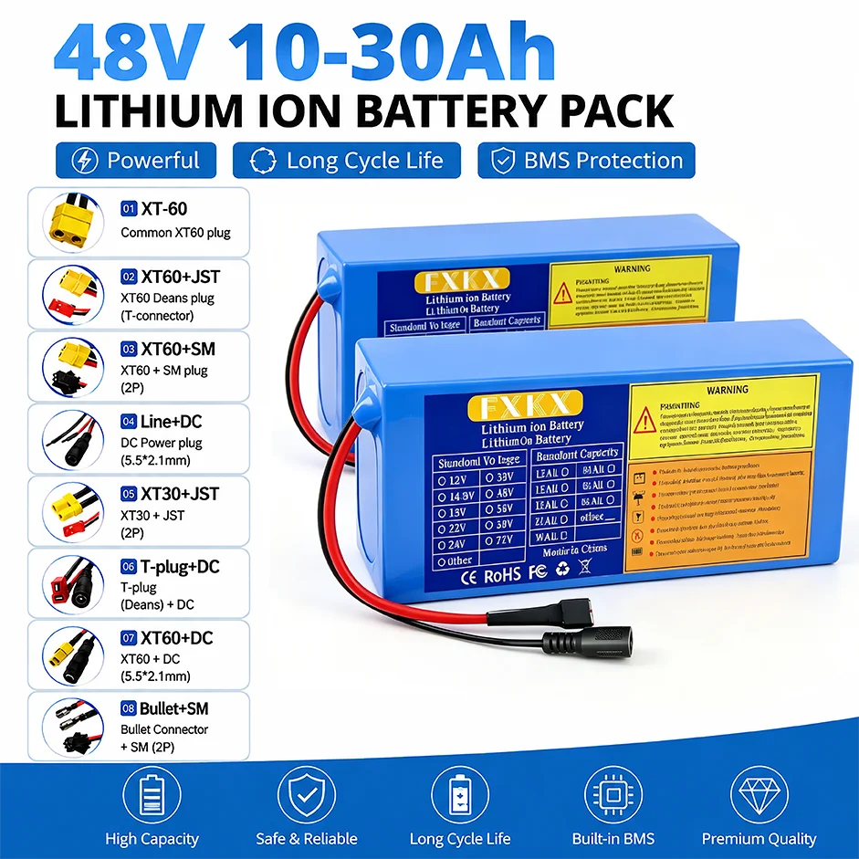 48V Lithium Battery Pack 10-30Ah 13S2P 13S5P with Built-in BMS for Motorcycle 1000W 1500W Motor Rechargeable Electric Vehicle Ba