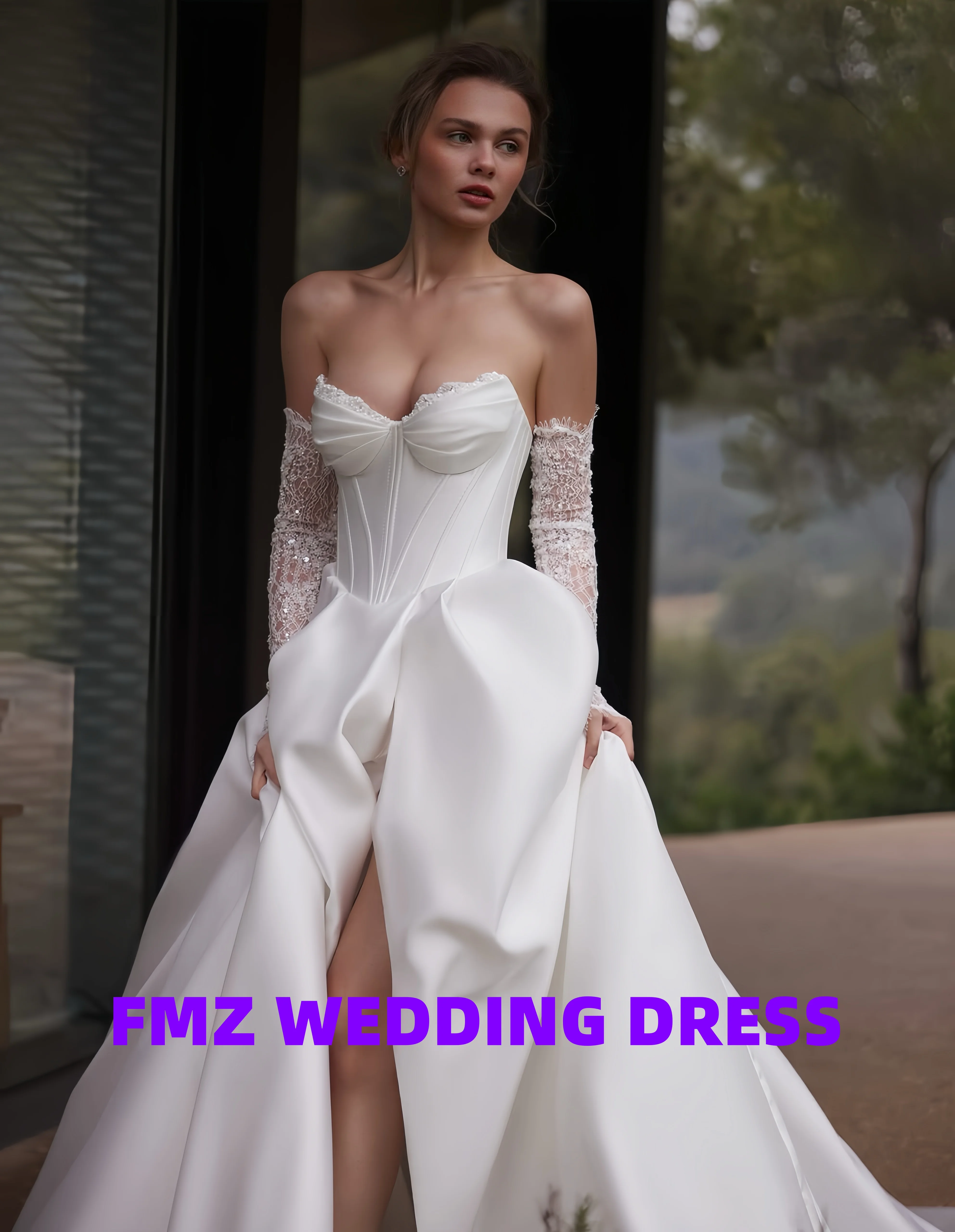 

Атласное свадебное платье трапециевидной формы с милым воротником и длинными рукавами по индивидуальному заказу, свадебные платья, свадебные платья