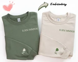 Custom Embroidered Roman Numeral Sweatshirt Gift for Bride Heart and Initial On Sleeve Mrs & Mr Personalized Couples Gifts