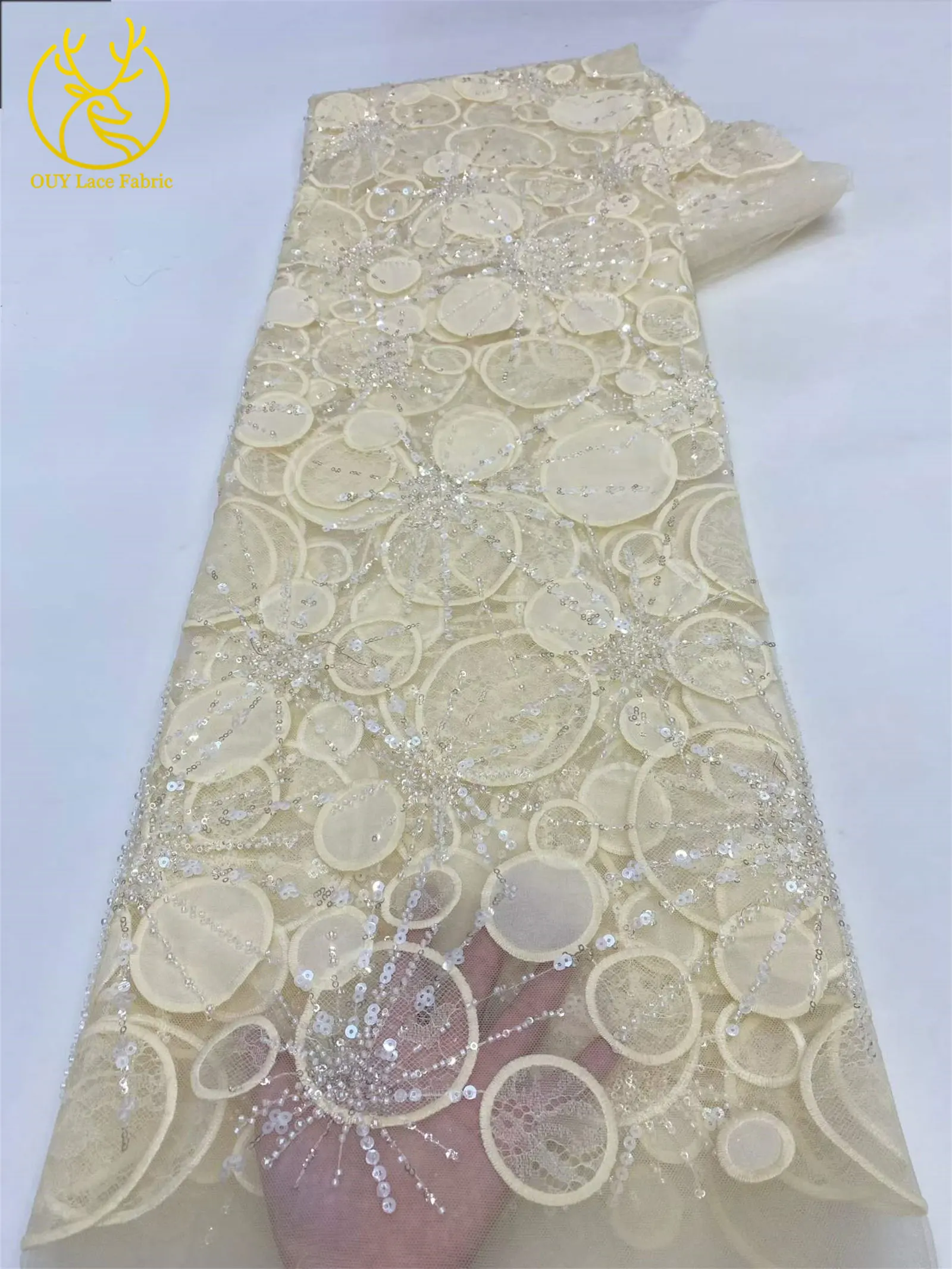Luxuriöser afrikanischer Spitzenstoff mit Pailletten-Stickerei, gelb, 5 Yards, französischer nigerianischer Tüll-Spitzenstoff für Damen-Partykleider zum Nähen – Detail 19
