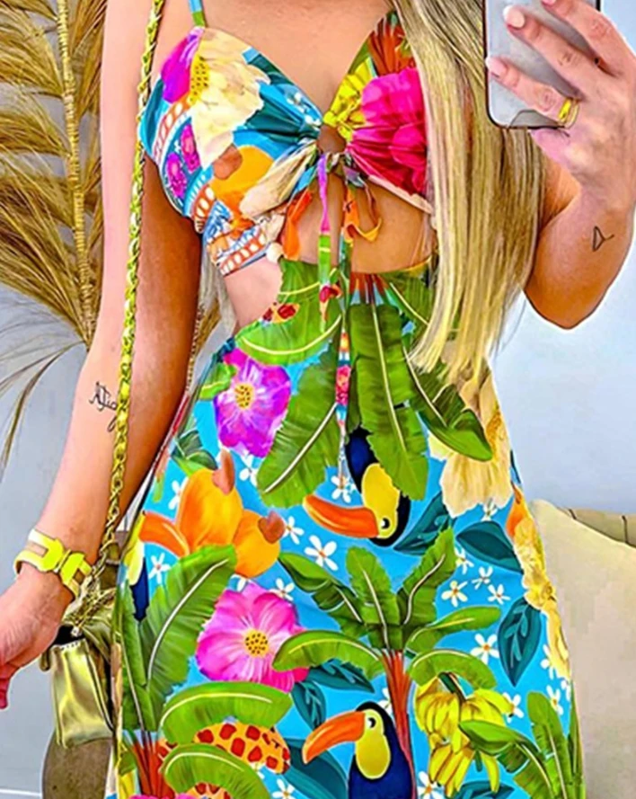 Women 2024 Summer Long Dress Tropical Print Backless Hollow Out Design Tied Detail Dress Sleeveless Holiday A Line Skirt