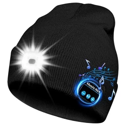 Auscultadores sem fios desportivos ao ar livre, chapéu de malha, auricular Beanie, Bluetooth 5.0, altifalantes estéreo, tampa de luz LED, auriculares inteligentes com microfone