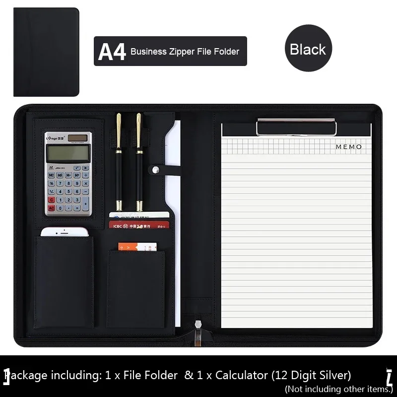 A4 Conference Padfolio Portfolio Folder Leather Contract File Folders for document Man Executive Briefcase Zippered Calculator